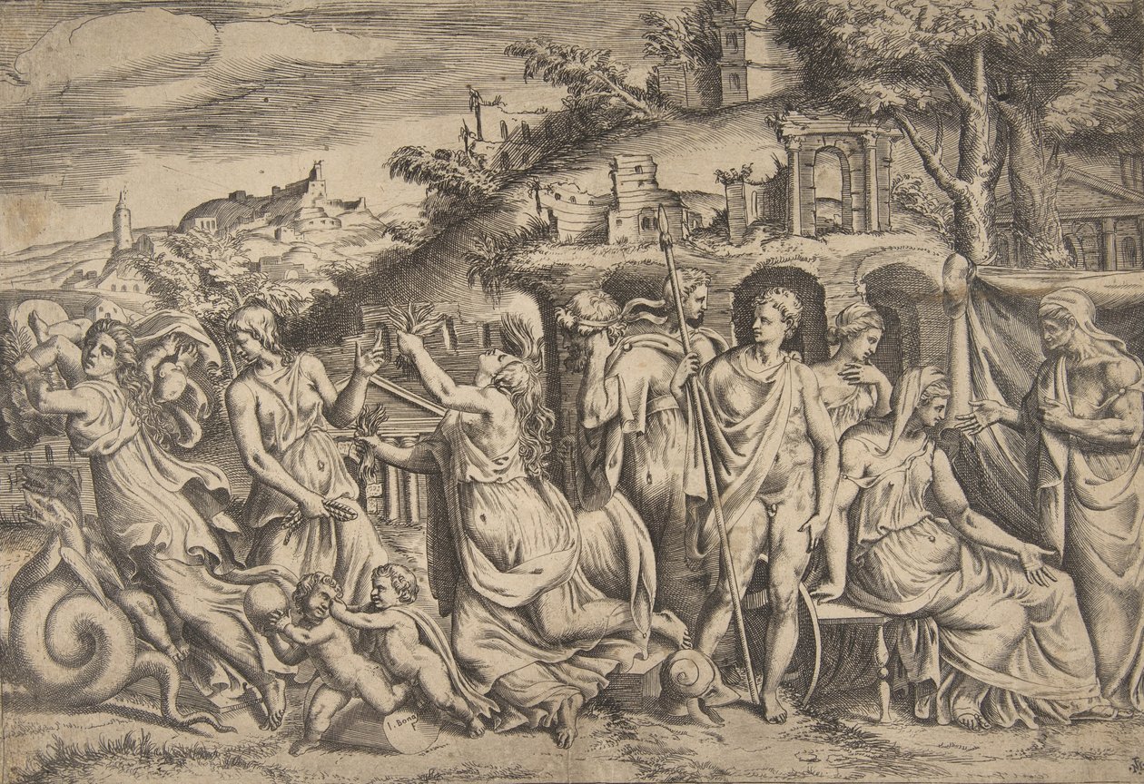 Tarina Jasonista ja Medeasta vasemmalla hän kantaa pois poikansa, keskellä hän on ..., 1531-76. tekijältä Giulio Bonasone