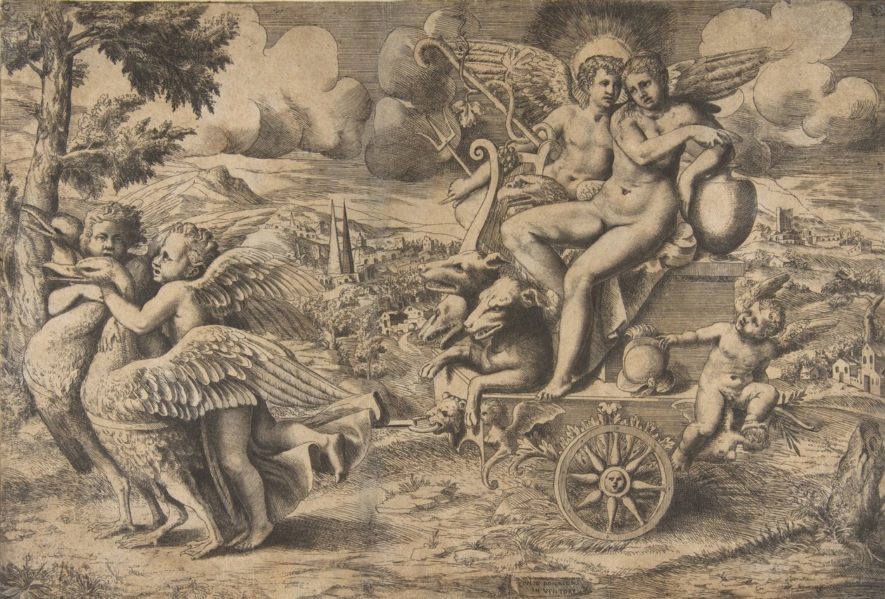 Kahden linnun vetämissä vaunuissa istuvien Cupidon ja Psychen voitto lepää..., n. 1550-67. tekijältä Giulio Bonasone