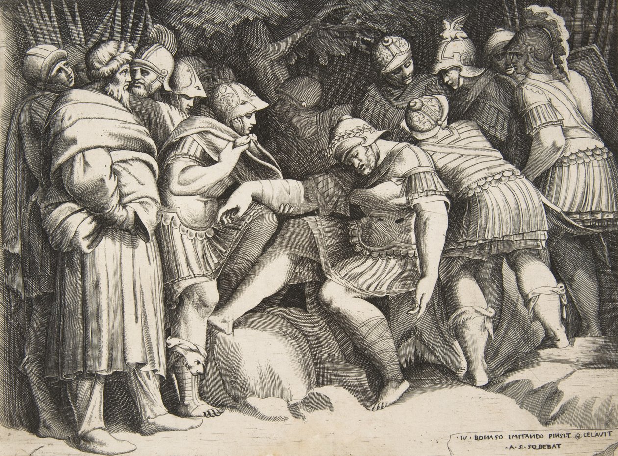Haavoittunut sotilas Scipio keskellä hahmojen ympäröimänä, 1531-76. tekijältä Giulio Bonasone