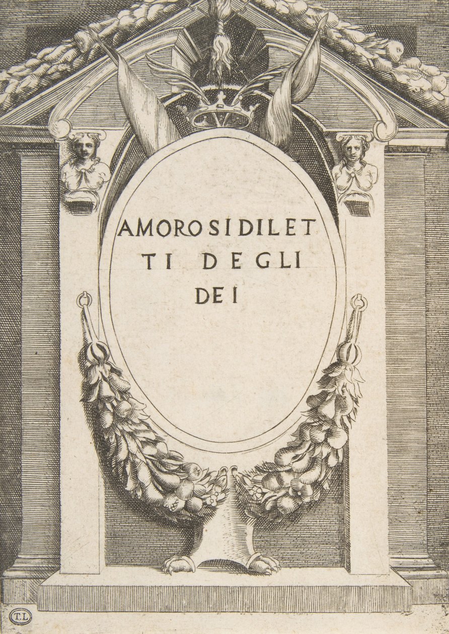 Nimisivu teokselle "Jumalien rakkaudet", 1531-60. tekijältä Giulio Bonasone