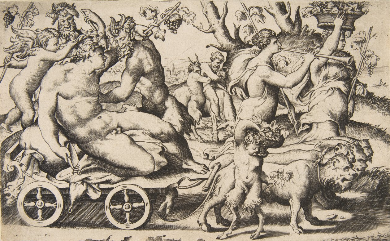 Bacchuksen voitto, joka istuu vaunuissa vasemmalla, 1531-76. tekijältä Giulio Bonasone