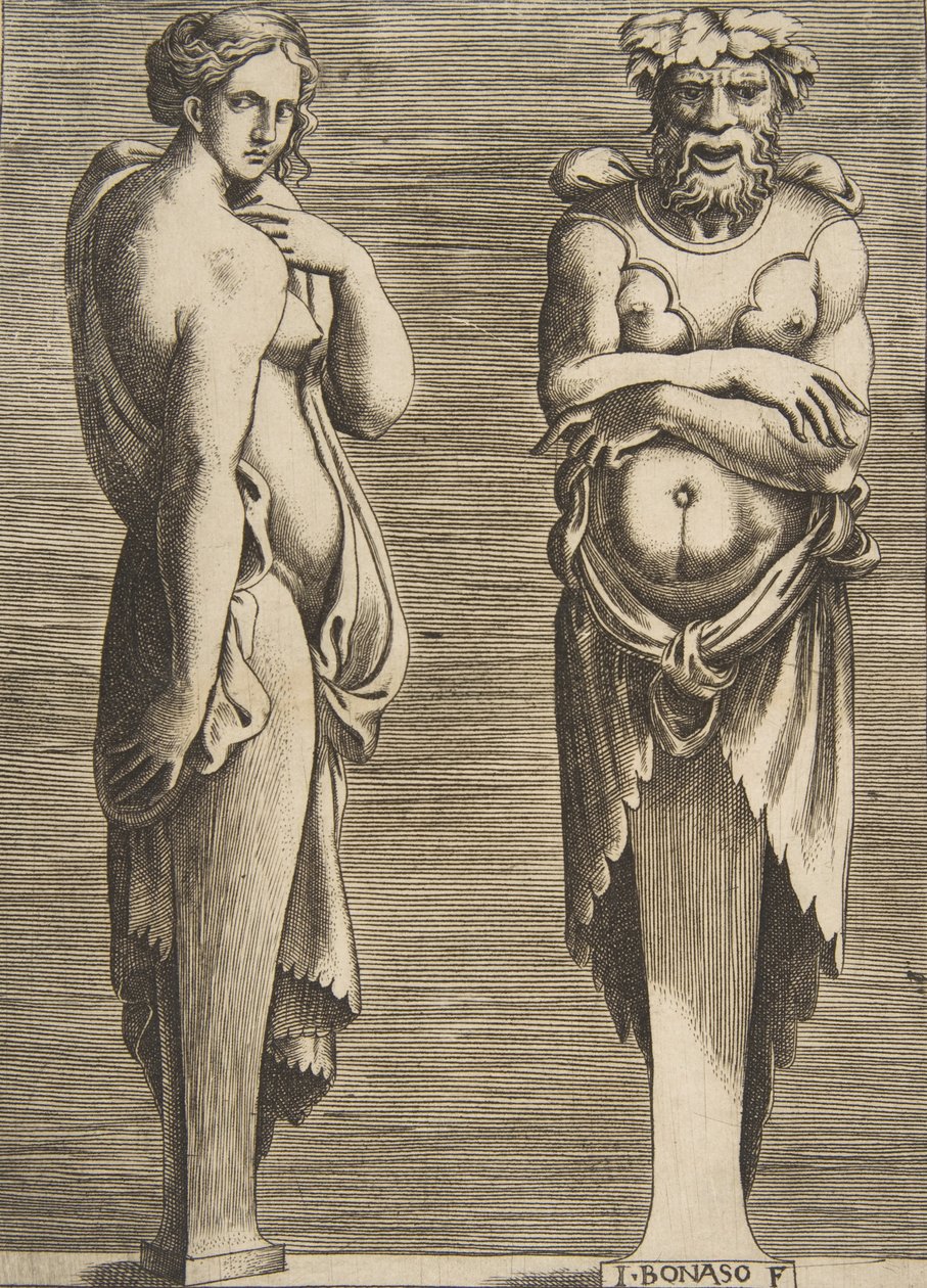 Kaksi termiä, nymfi vasemmalla Silvanus oikealla, n. 1530-50. tekijältä Giulio Bonasone