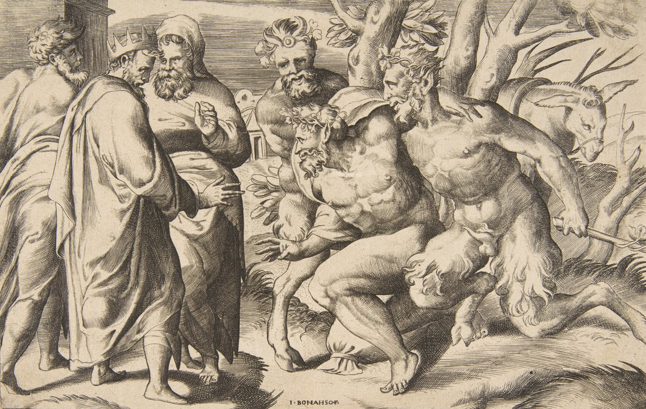 Kaksi satyyriä tuomassa Silenus-kuningas Midasta seisomassa vasemmalla, 1531-76. tekijältä Giulio Bonasone