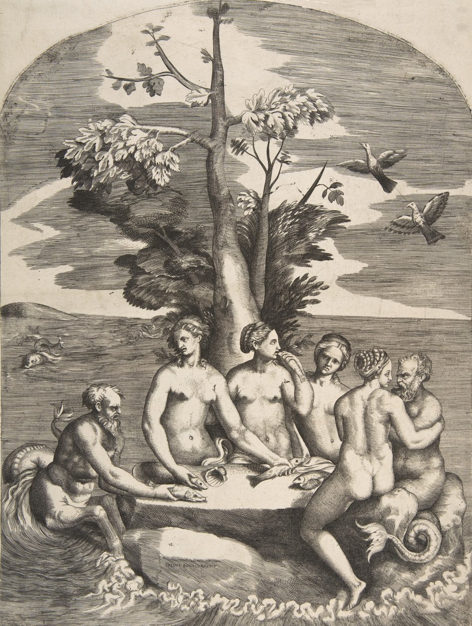 Kaksi merijumalaa ja neljä nymfiä, 1531-76. tekijältä Giulio Bonasone