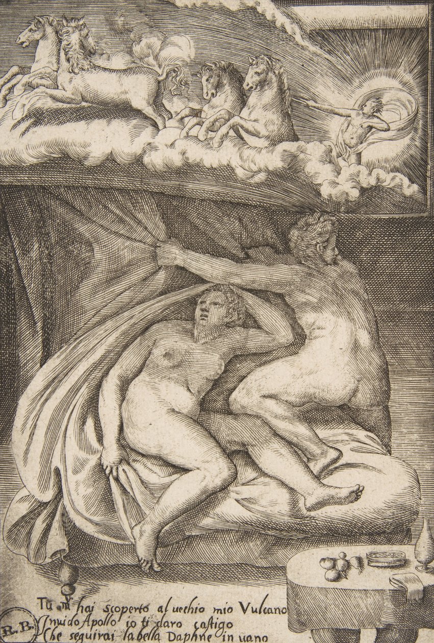 Apollon löysi Venuksen ja Marsin teoksesta The Loves of the Gods, 1531-60. tekijältä Giulio Bonasone