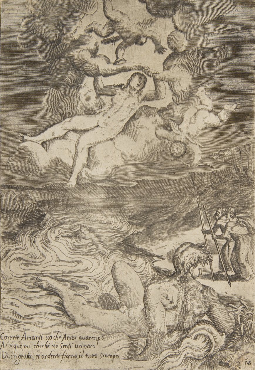 Venus myrskyilee putin kanssa pilvissä, The Loves of the Gods -sarjasta, n. 1531-76. tekijältä Giulio Bonasone