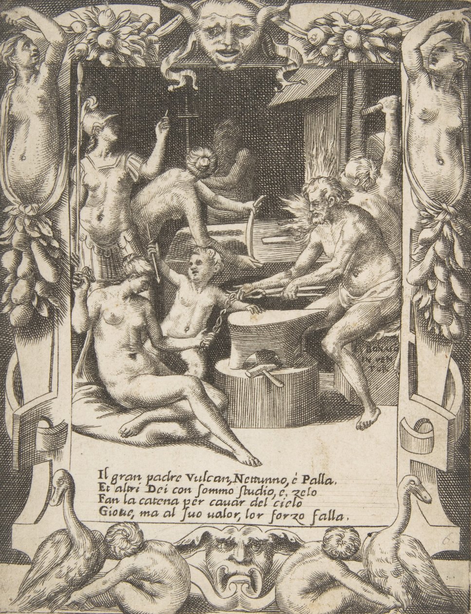 Vulkaani, Neptunus, Athena ja muut jumalat tekevät kahleita vetääkseen Jupiterin taivaasta..., 1531-76. tekijältä Giulio Bonasone