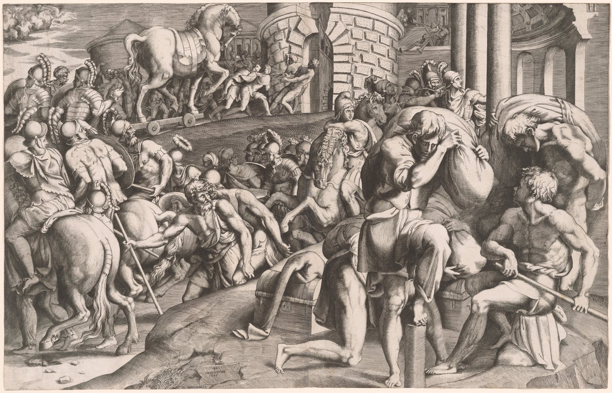 Troijalaiset vetävät puisen hevosen Troijaan tekijältä Giulio Bonasone, after Francesco Primaticcio