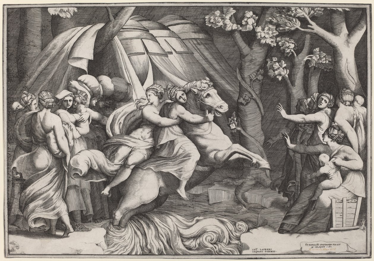 Clelia ylittää Tiberin tekijältä Giulio Bonasone after Polidoro da Caravaggio