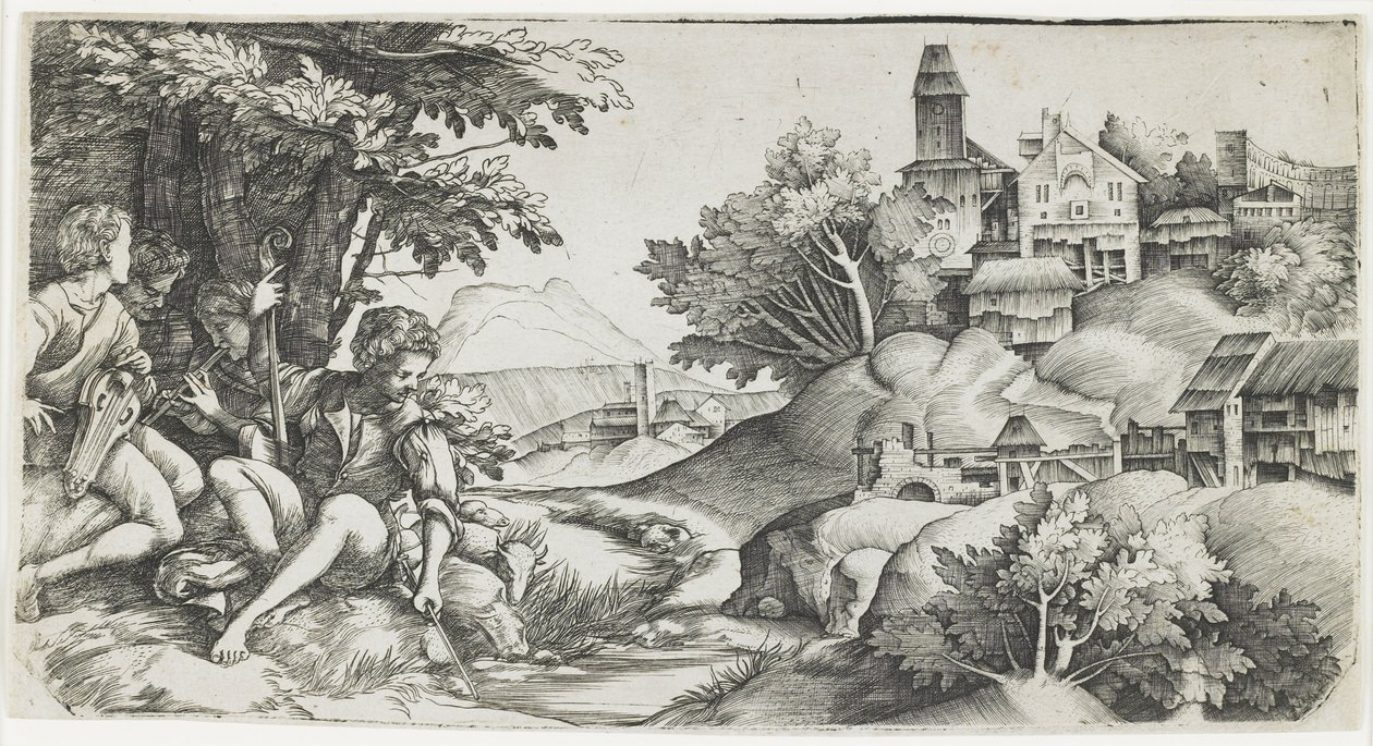 Paimenet maisemassa, n. 1517-1518 tekijältä Giulio Campagnola