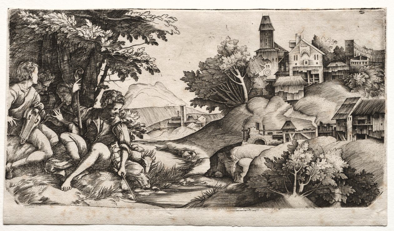 Paimenet maisemassa, n. 1517. tekijältä Giulio Campagnola