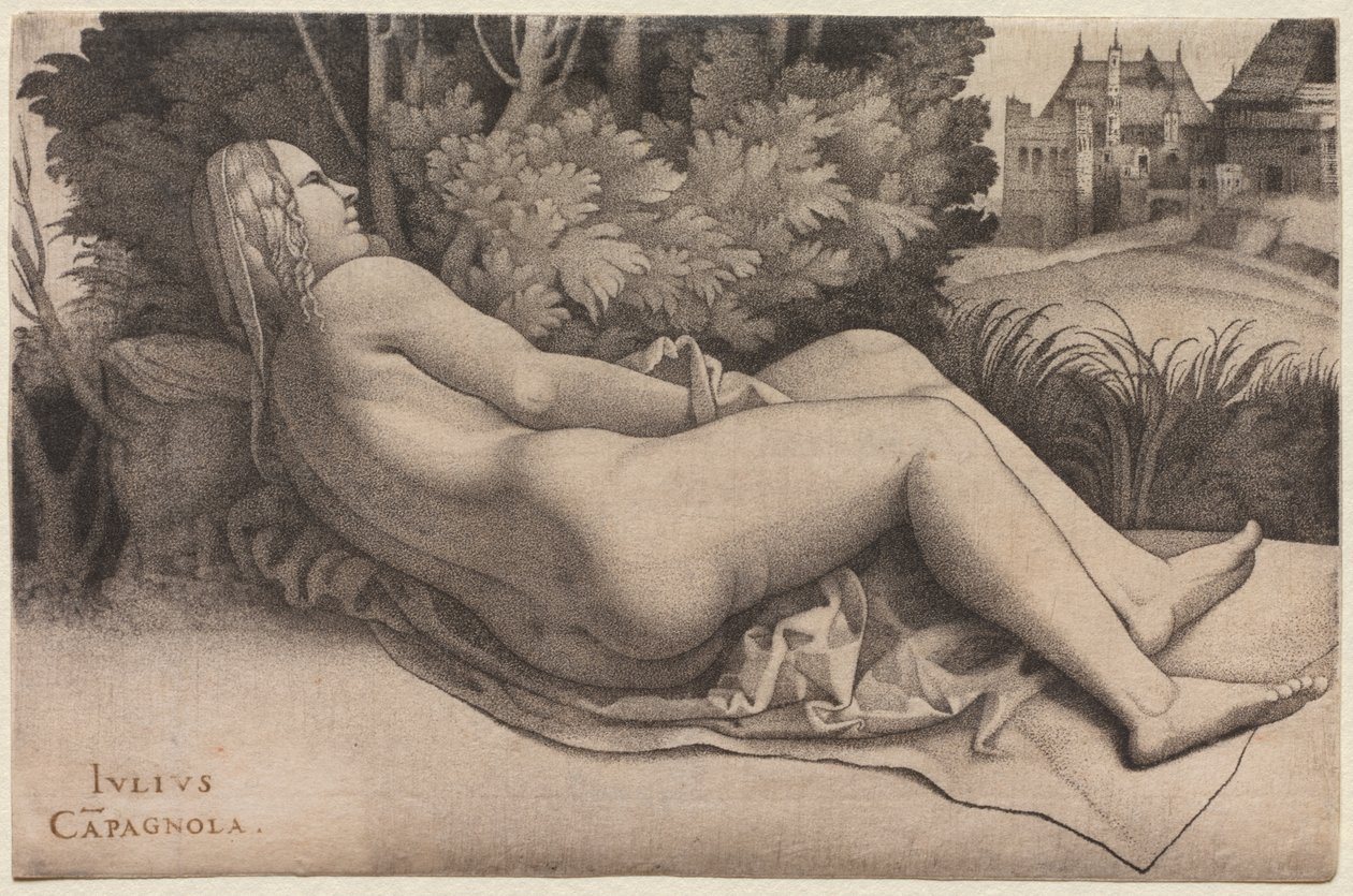 Venus makuulla maisemassa, n. 1508-9. tekijältä Giulio Campagnola