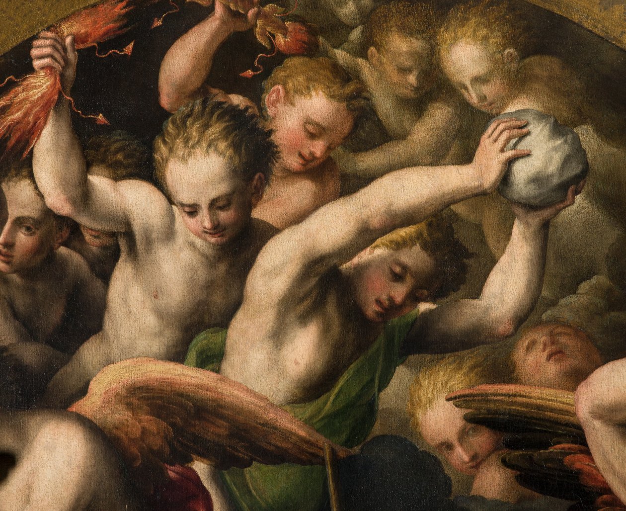 North Transept, Pyhän arkkienkeli Mikaelin alttari, Arkkienkeli Mikael tappamassa pahan, Giulio Campi 1566, Yksityiskohta tekijältä Giulio Campi
