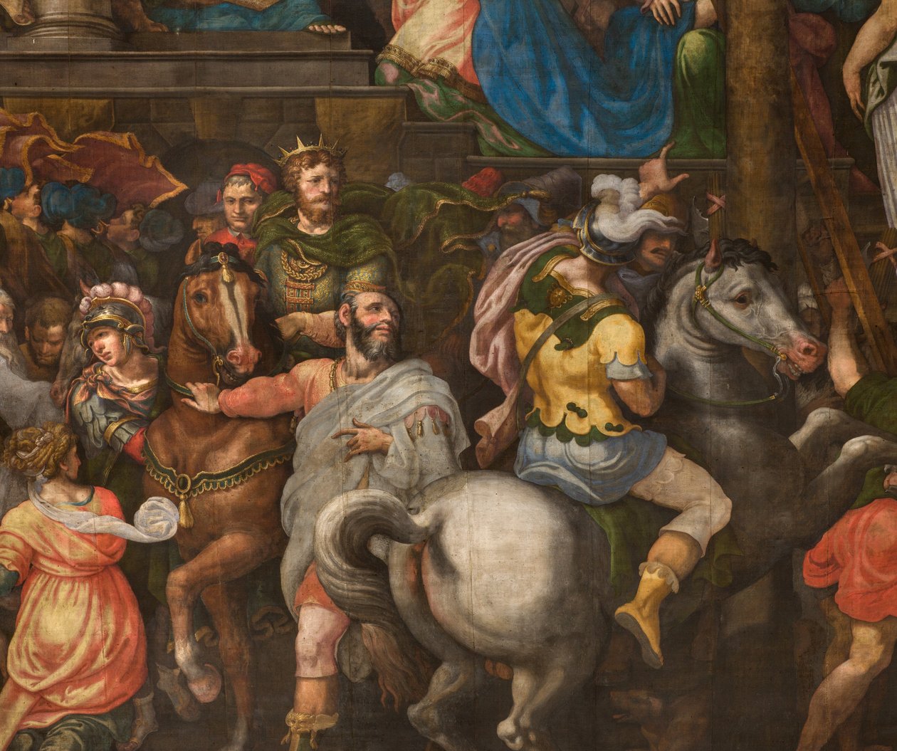 Seinä eteläisen poikkiristeyksen vastajulkisivua vastapäätä, Giuseppe Campi, Mordekain voitto 1567, Yksityiskohta alaosa tekijältä Giulio Campi