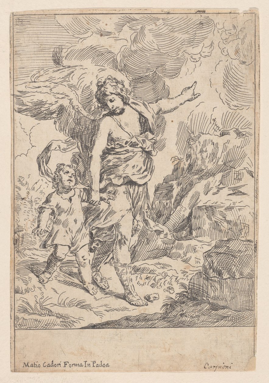 Suojelusenkeli kävelee käsi kädessä pienen lapsen kanssa, 1640-60. tekijältä Giulio Carpioni