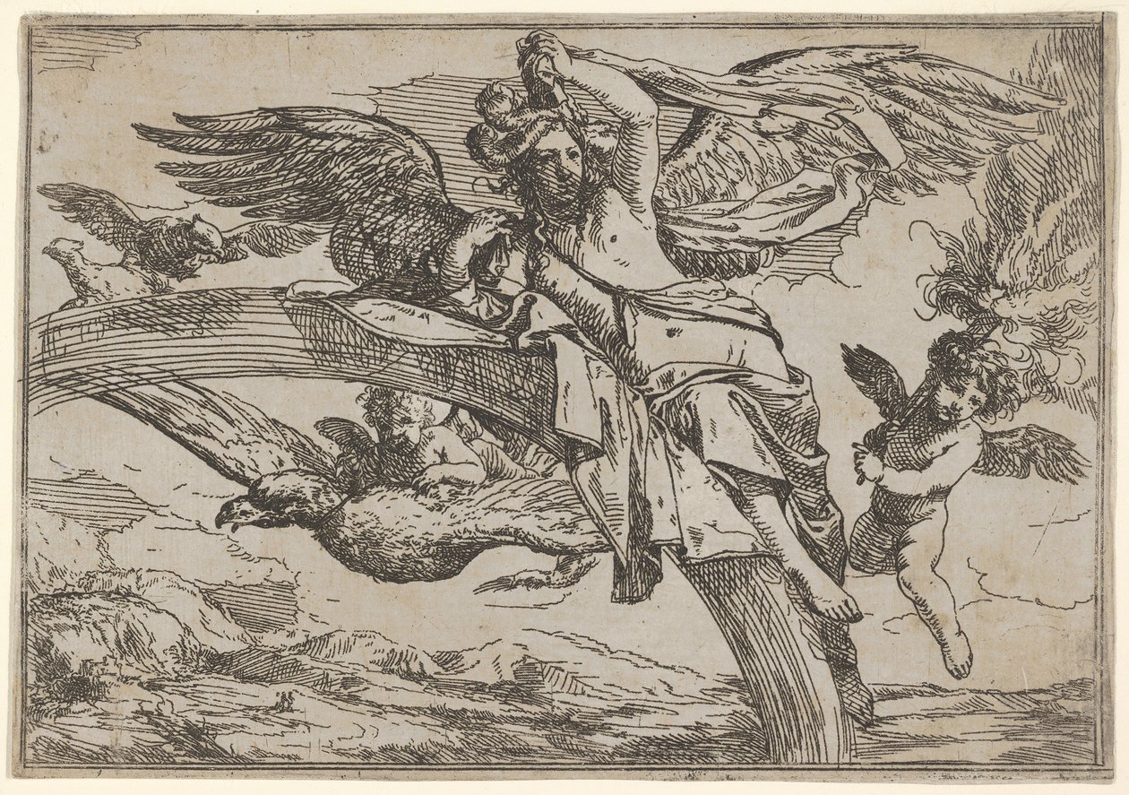 Air, jota edustaa Iris nojaamassa sateenkaarellaan, mukana siivekäs puttokarhu..., 1640-60. tekijältä Giulio Carpioni
