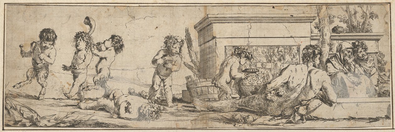 Bacchanal infant satyrs ja putti vasemmalla, alaston mieshahmo nojaa edessä..., 1633-78. tekijältä Giulio Carpioni