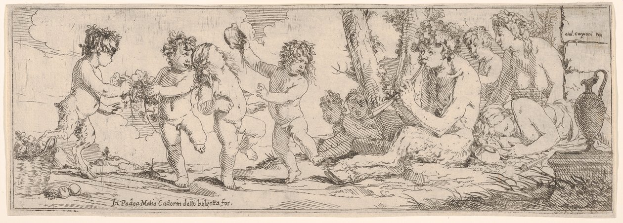 Bacchanal, jossa satyyri soittaa luuttua ja ympäröi neljä hahmoa, jotka katsovat kohti s..., 1640-60. tekijältä Giulio Carpioni