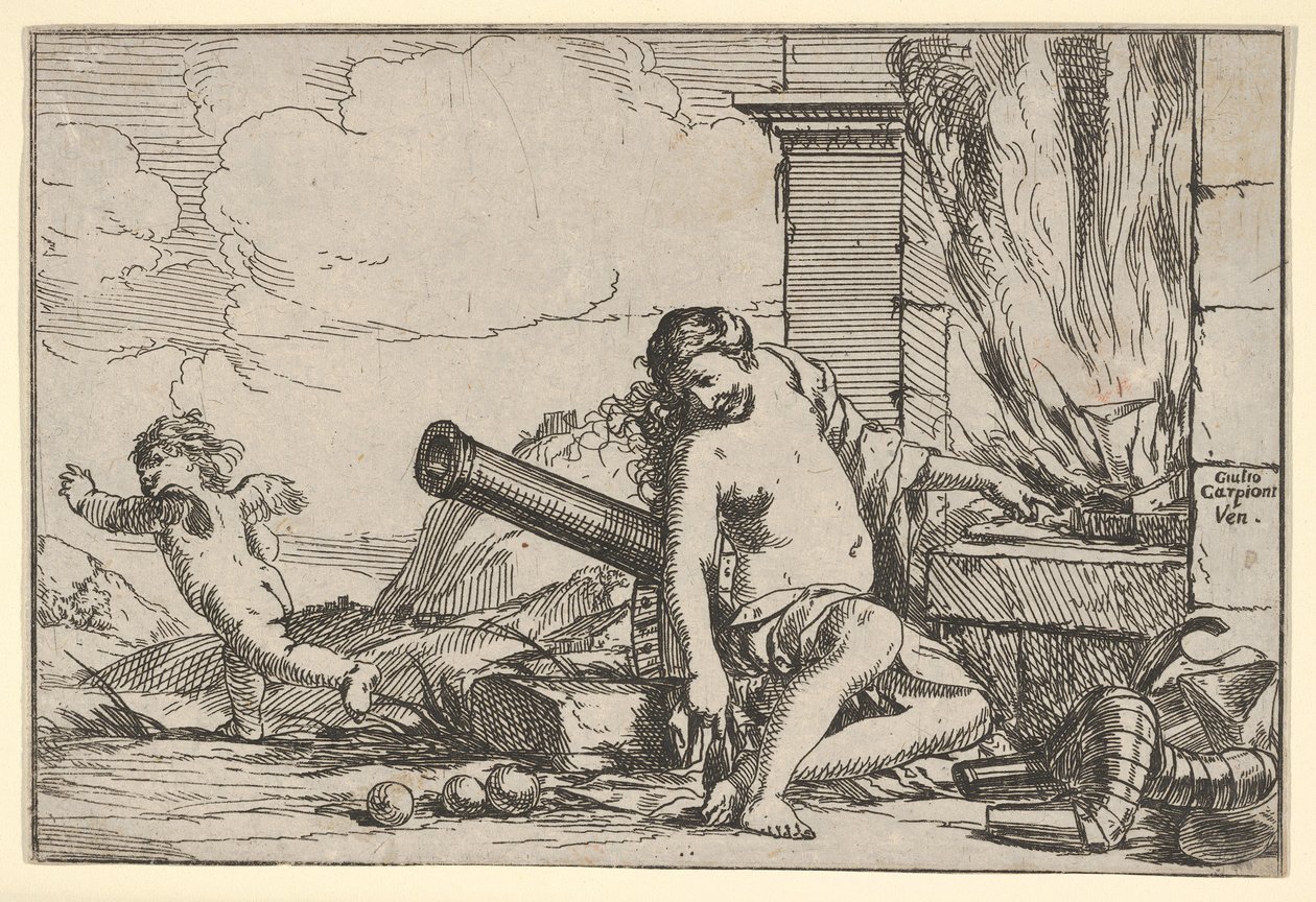 Tuli, jota edustaa Venus, joka istui vulkaanien takoman edessä haarniskan, tykin ja kanuun kanssa..., 1640-60. tekijältä Giulio Carpioni