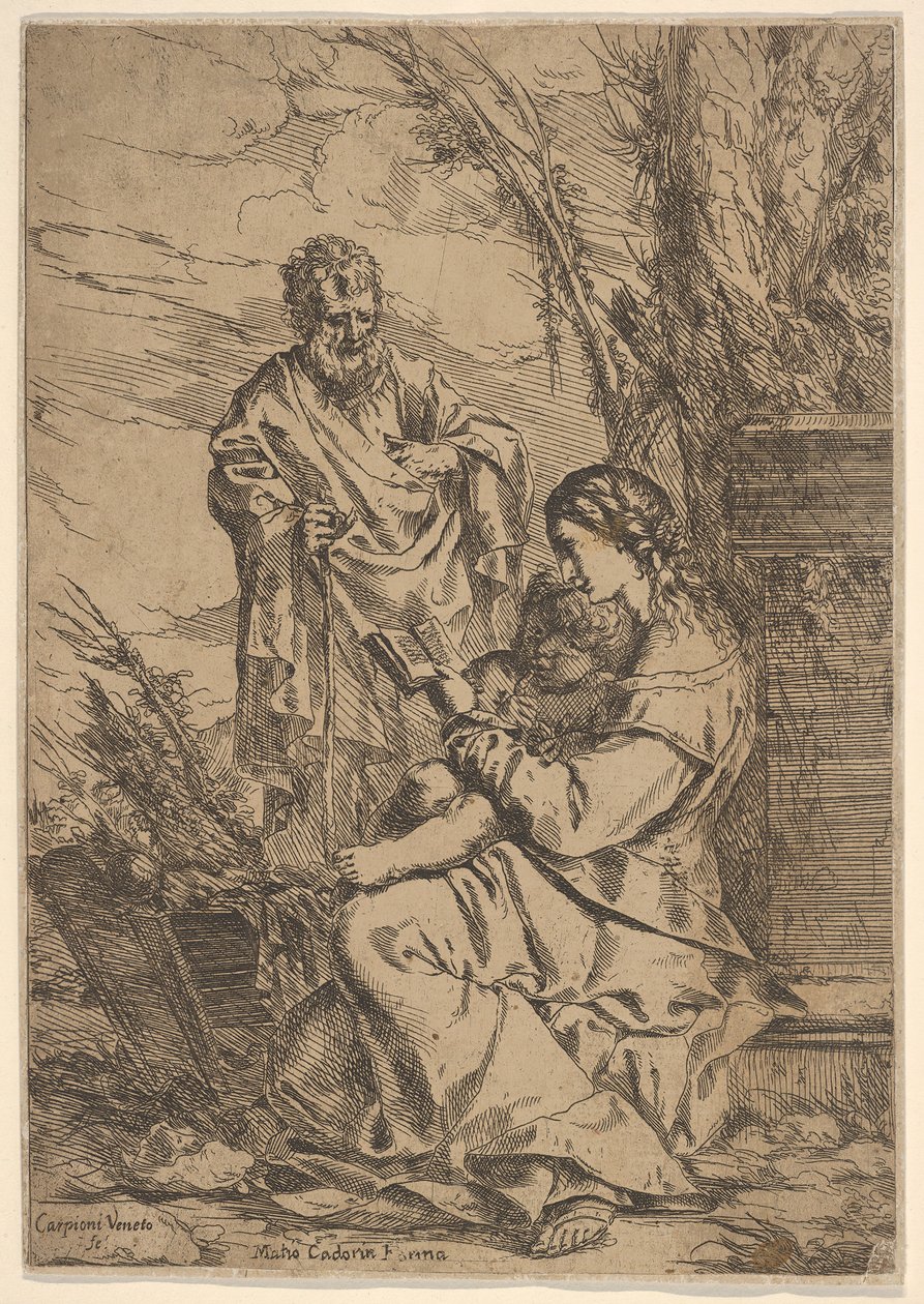 Pyhä perhe, jossa Neitsyt lukee, Neitsyt istuu profiilissa ja kirja vasemmalla..., 1640-60. tekijältä Giulio Carpioni