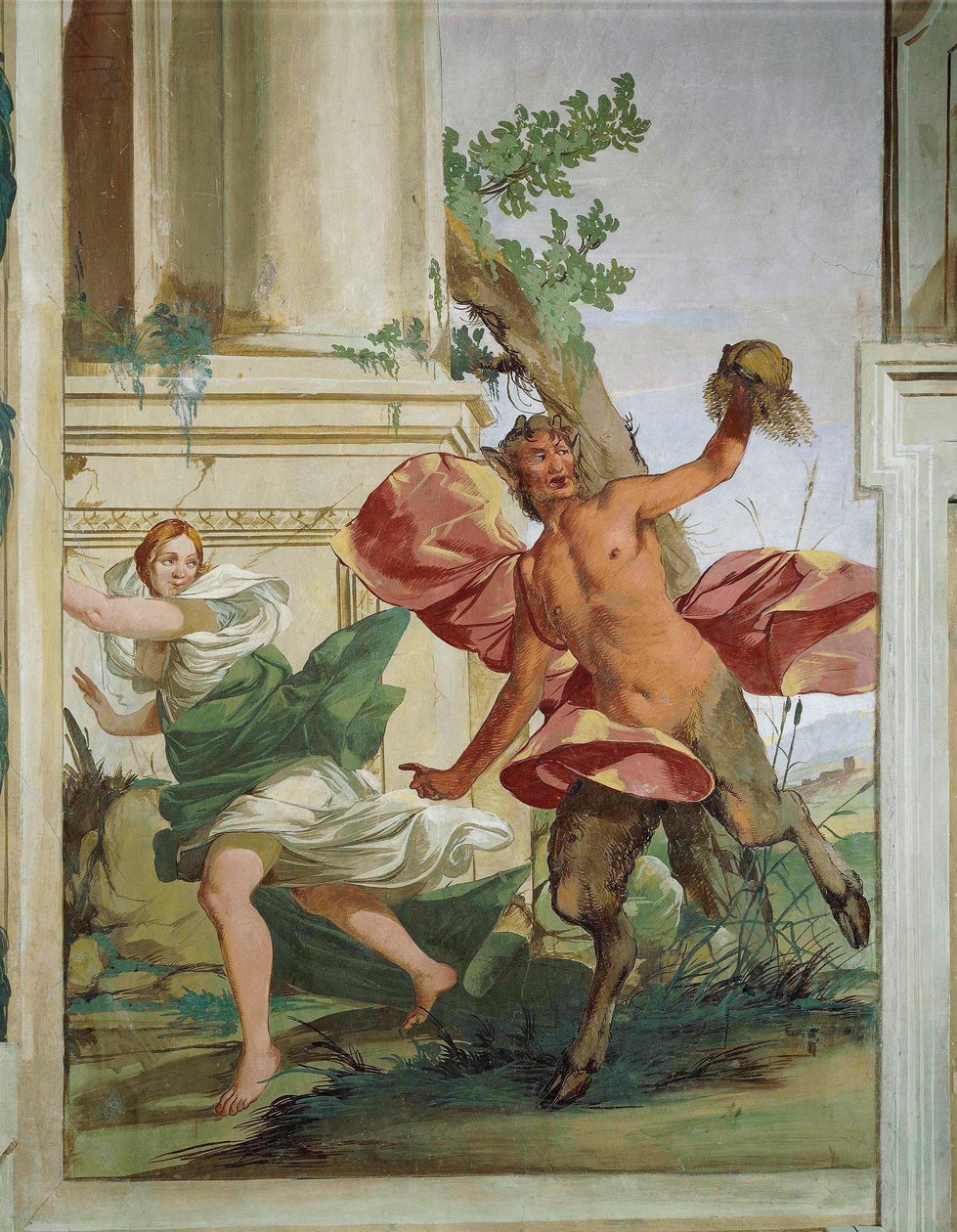 Nymph Corsica jahtaa Satyr, joka vetää pois peruukkinsa Giulio Carpioni tekijältä Giulio Carpioni