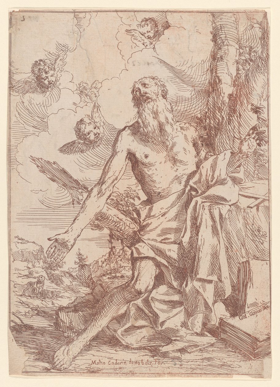 Pyhä Hieronymus polvistui puun vieressä käsivarret ojennettuina, 1640-60. tekijältä Giulio Carpioni