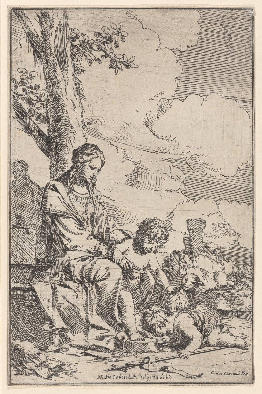 Pyhä perhe, jossa pieni pyhä Johannes suutelee Kristuksen jalkoja, 1640-60. tekijältä Giulio Carpioni