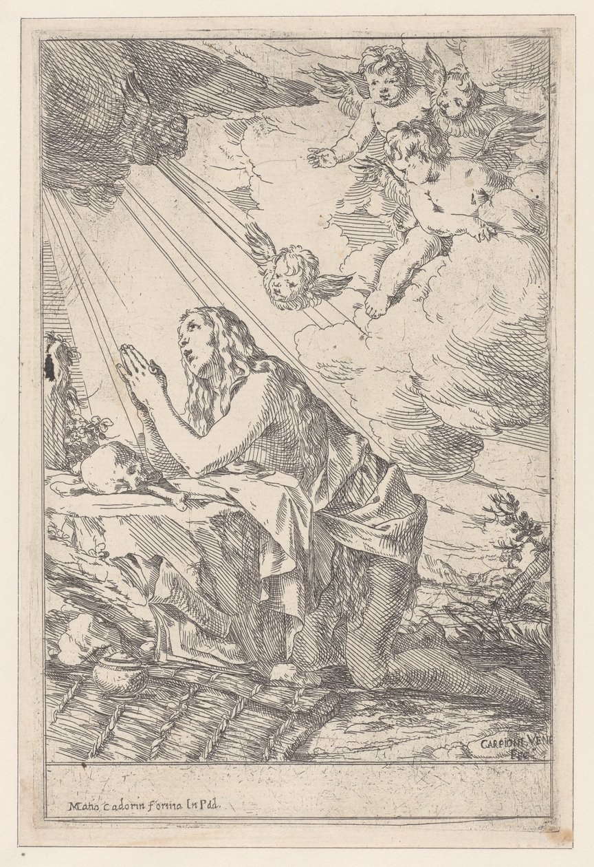 Katuva pyhä Maria Magdaleena polvistumassa kallon ja luiden edessä, 1640-60. tekijältä Giulio Carpioni