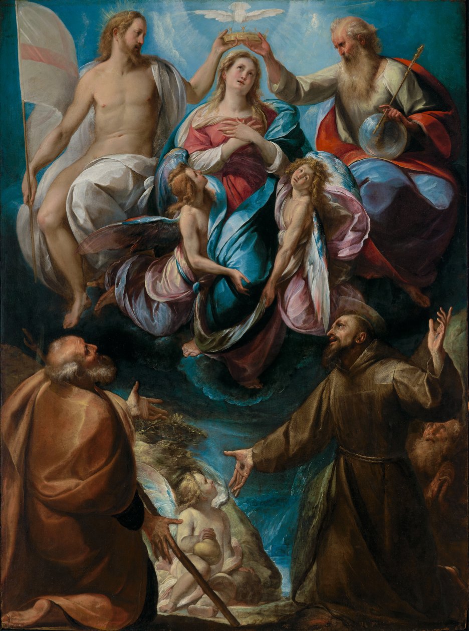 Neitsyen kruunaus pyhien Joosefin ja Franciscuksen seurassa tekijältä Giulio Cesare Procaccini