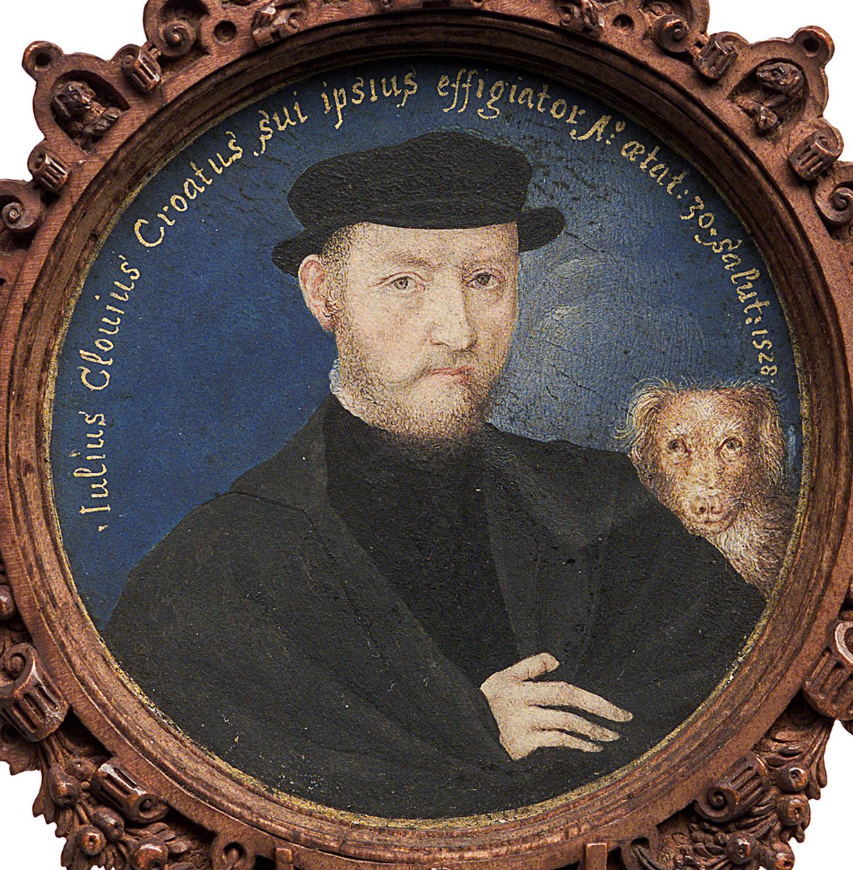 Omakuva koiran kanssa, 1528 tekijältä Giulio Clovio