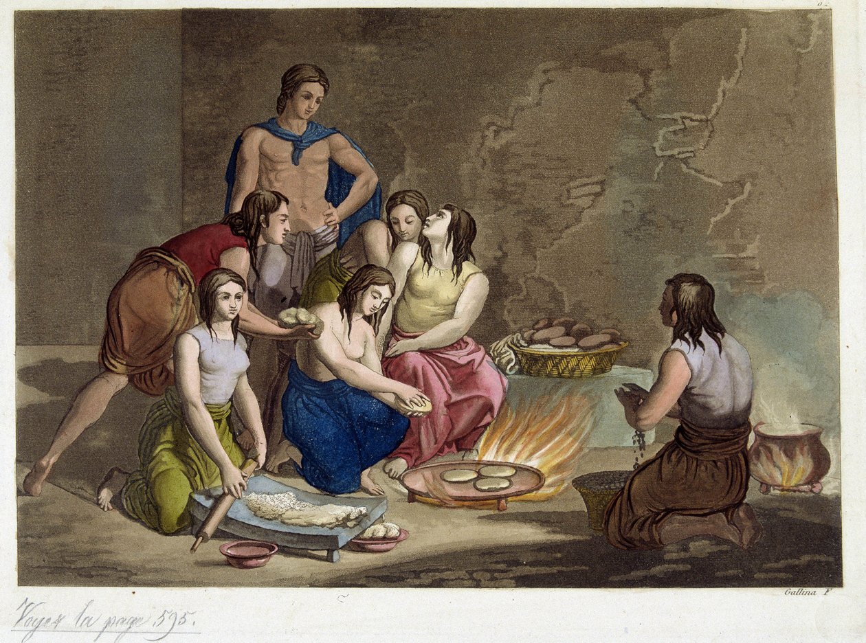 Meksikon vanhimmat leipomassa leipää - "Antique and Modern Costume" -asussa, kirjoittanut Ferrario, toim. Milano tekijältä Giulio Ferrario
