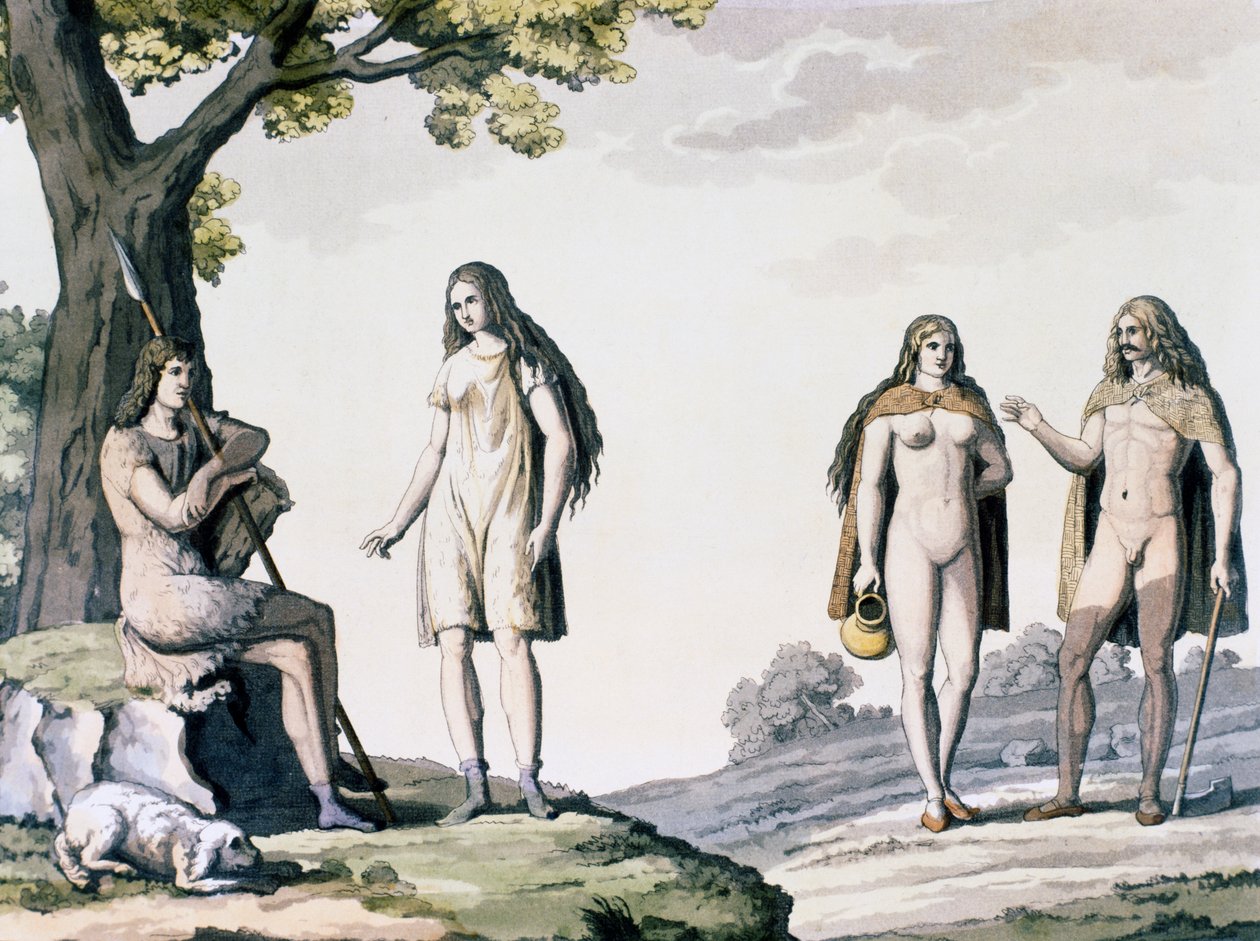 Muinaisten saksalaisten puvut, kaiverrus Giulio Ferrarion (1767-1847) muinaisista ja moderneista puvuista tekijältä Giulio Ferrario