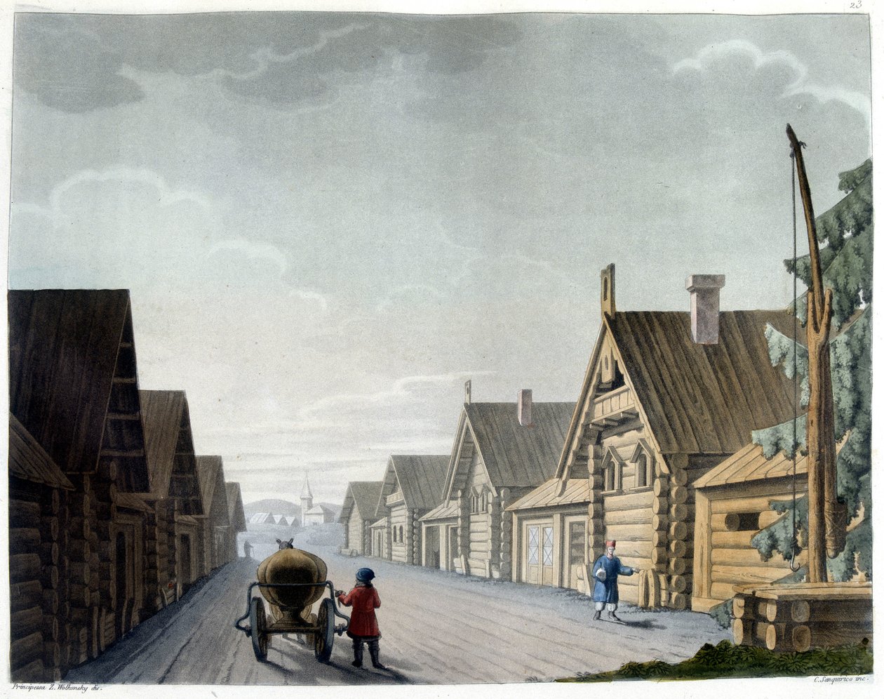 Venäläinen kylä - teoksessa "" Le costume ancien et moderne ", kirjoittanut Ferrario, toim. Milano tekijältä Giulio Ferrario