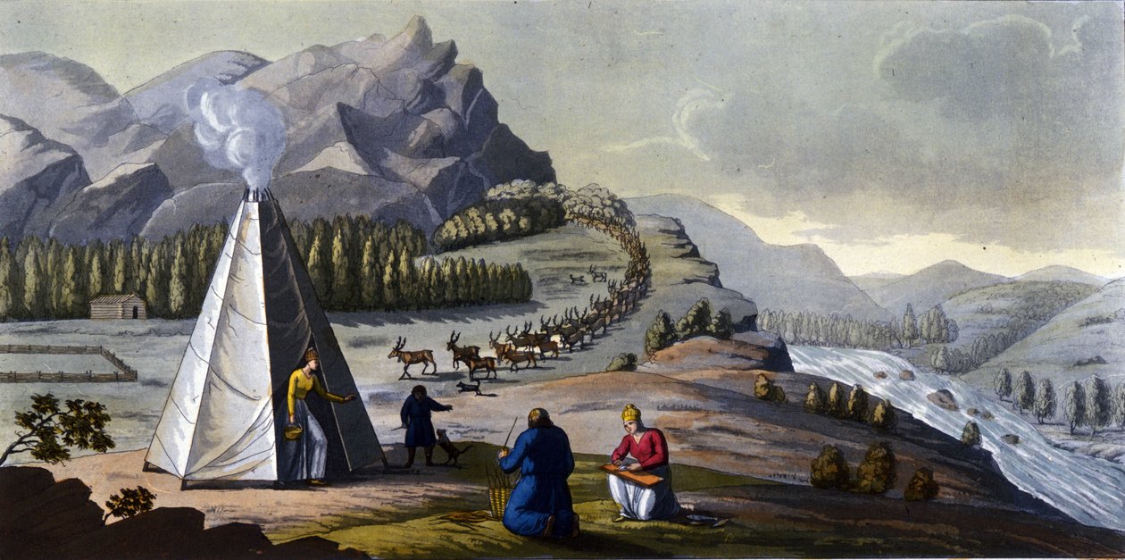 Paisatge sami: pobles indígenes que viuen a les terres dels països del nord (Noruega, Finlàndia, Suècia i Rússia) fent cistelles de vímet, netejant el peix prop d