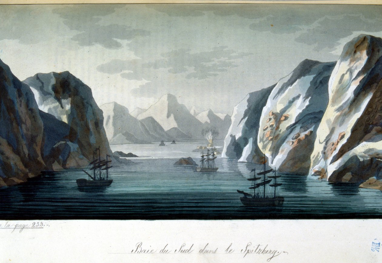 Southern Bay Spitzbergissä, Norjassa - Jules Ferrarion "" Vanha ja moderni puku" -julkaisussa, toim. Milano tekijältä Giulio Ferrario