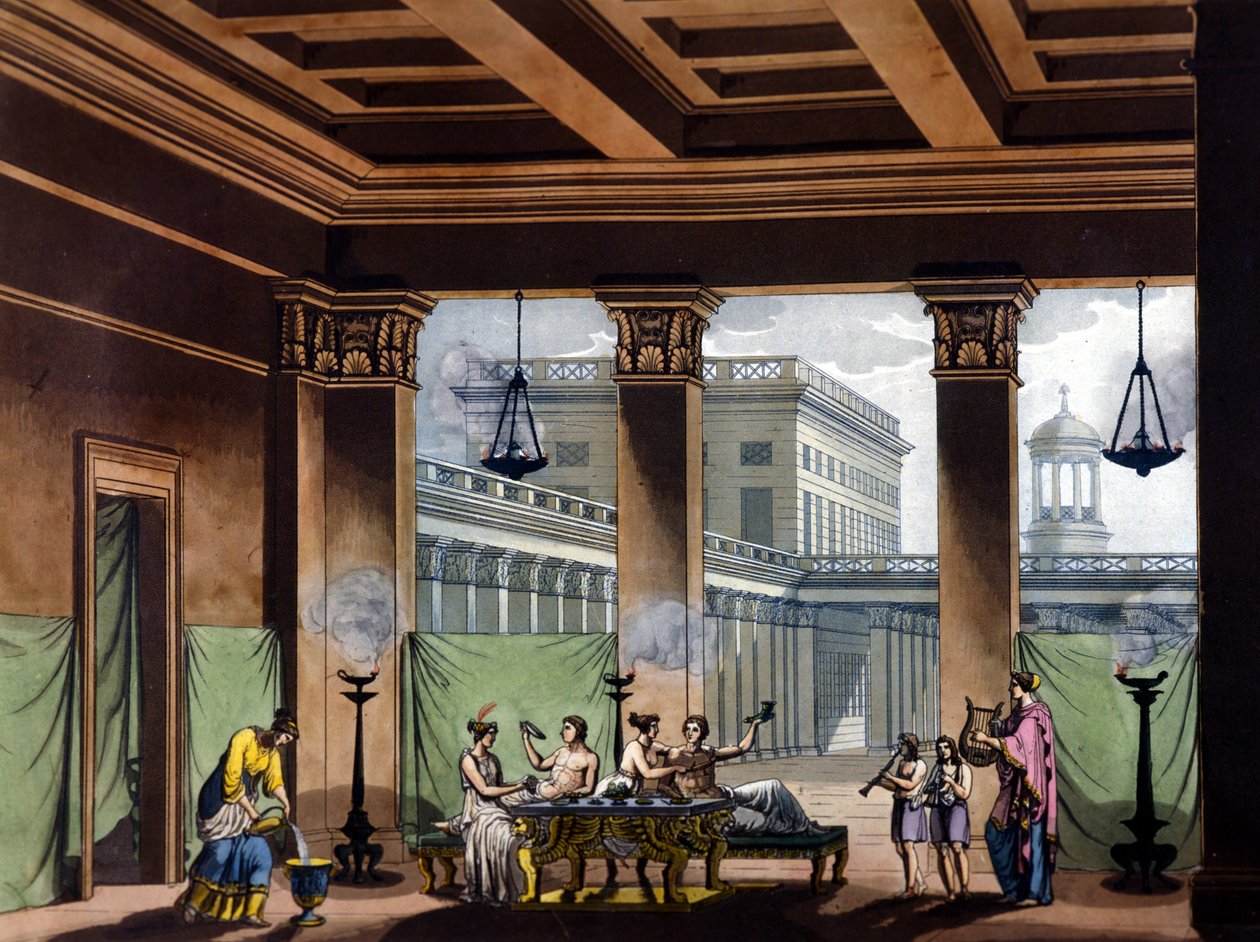 Triclinium-sytyttivät öljylamput muinaisessa Kreikassa: juhlakohtaus - julkaisussa Jules Ferrarion vanha ja moderni puku, toim. Milano tekijältä Giulio Ferrario
