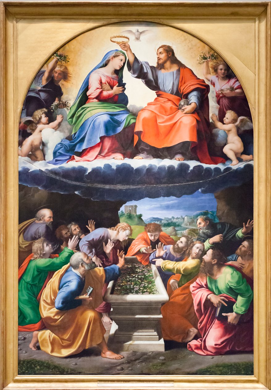 Neitsyen kruunaus eli Montelucen madonna, n. 1525 (öljy puulle) tekijältä Giulio & Penni Giovanni Francesco (il Fattore) (c.1488 1528) Romano