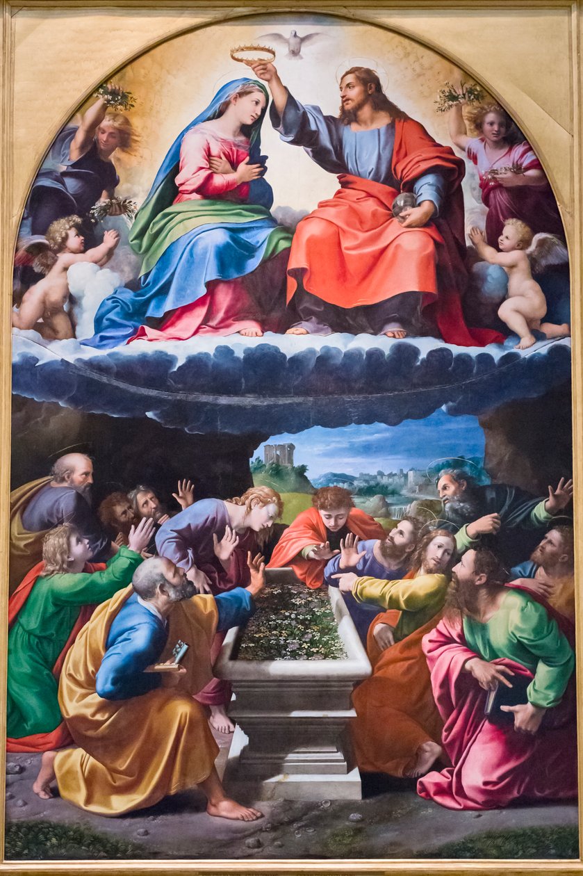 Neitsyen kruunaus, "Montelucen Madonna" 1505-25 (öljy puulle) tekijältä Giulio & Penni Giovanni Francesco (il Fattore) (c.1488 1528) Romano