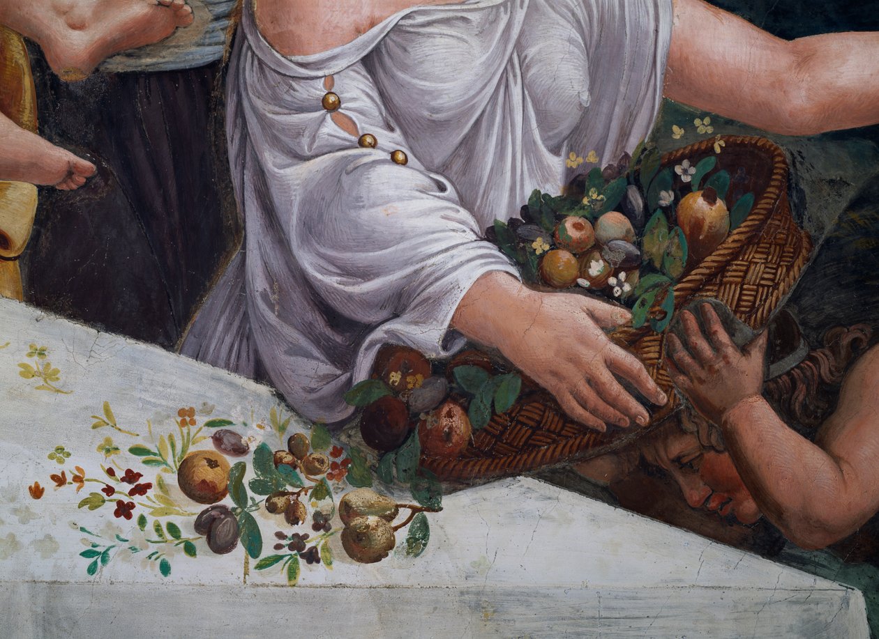 Kori hedelmiä ja kukkia, yksityiskohta maalaismaisesta juhlapöydästä, jolla juhlitaan Amorin ja Psyken avioliittoa, Sala di Amore e Psiche, 1528 fresko yksityiskohta 78427:stä. tekijältä Giulio Romano