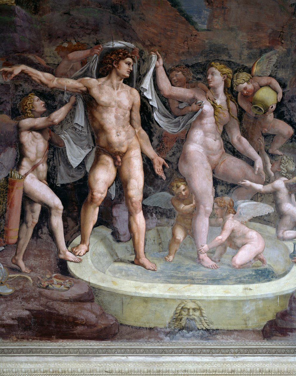 Marsin ja Venuksen kylpylä, Giulio Romanon (1499-1546) fresko, Cupidon ja Psychen kamarin pohjoisseinä, Palazzo Te, Mantova (UNESCOn maailmanperintöluettelo, 2008), Lombardia, Italia tekijältä Giulio Romano