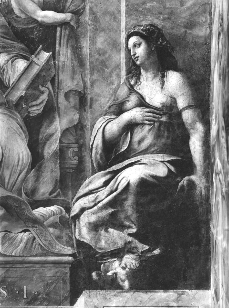 Clemency, toinen paavi St. Clement I (1-97) Raphael Roomsia ympäröivistä kahdesta hyveestä (yksityiskohta) (katso myös 252786, 252787, 252789) tekijältä Giulio Romano
