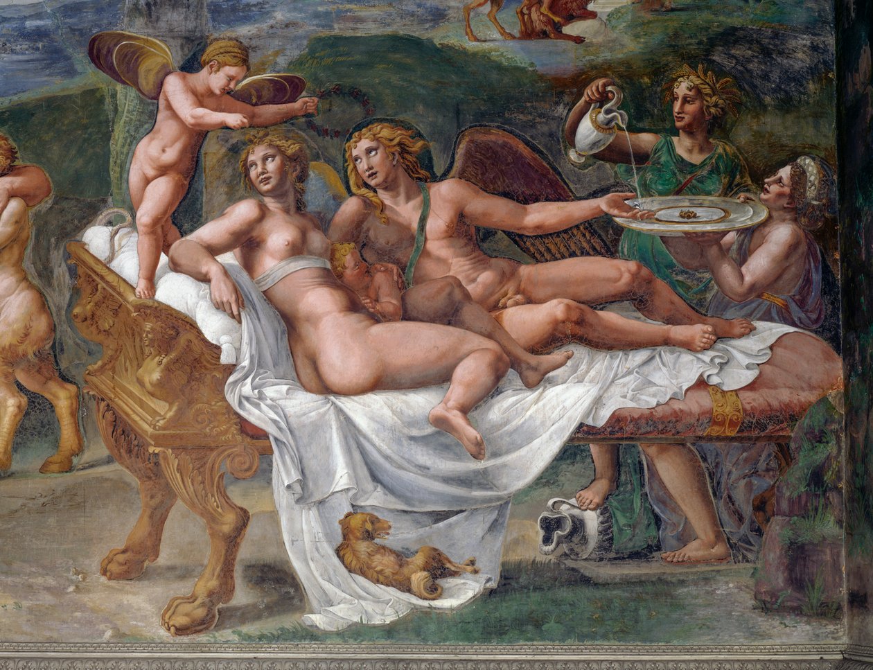 Amor ja Psyche tyttärensä Voluptasin kanssa makaamassa sängyllä, yksityiskohta hääjuhlasta tai jumalten juhlasta, fresko Giulio Romano (1499-1546), Palazzo Te, Mantova (UNESCOn maailmanperintöluettelo, 2008), Lombardia, Italia tekijältä Giulio Romano