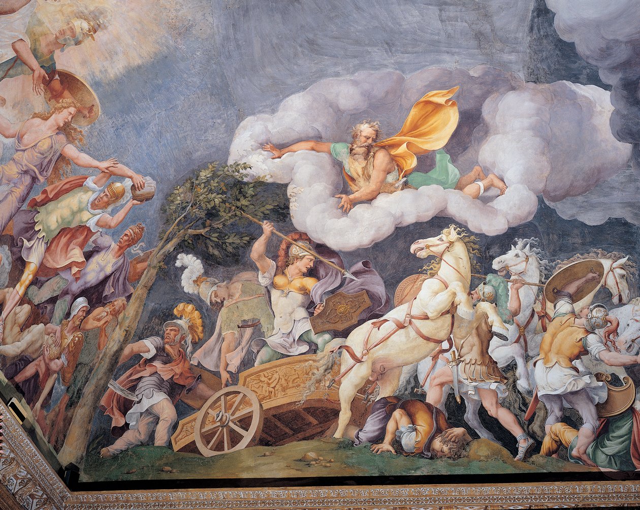 Diomedes tappaa Tydeuksen, Phineuksen ja Pandaruksen... tekijältä Giulio Romano