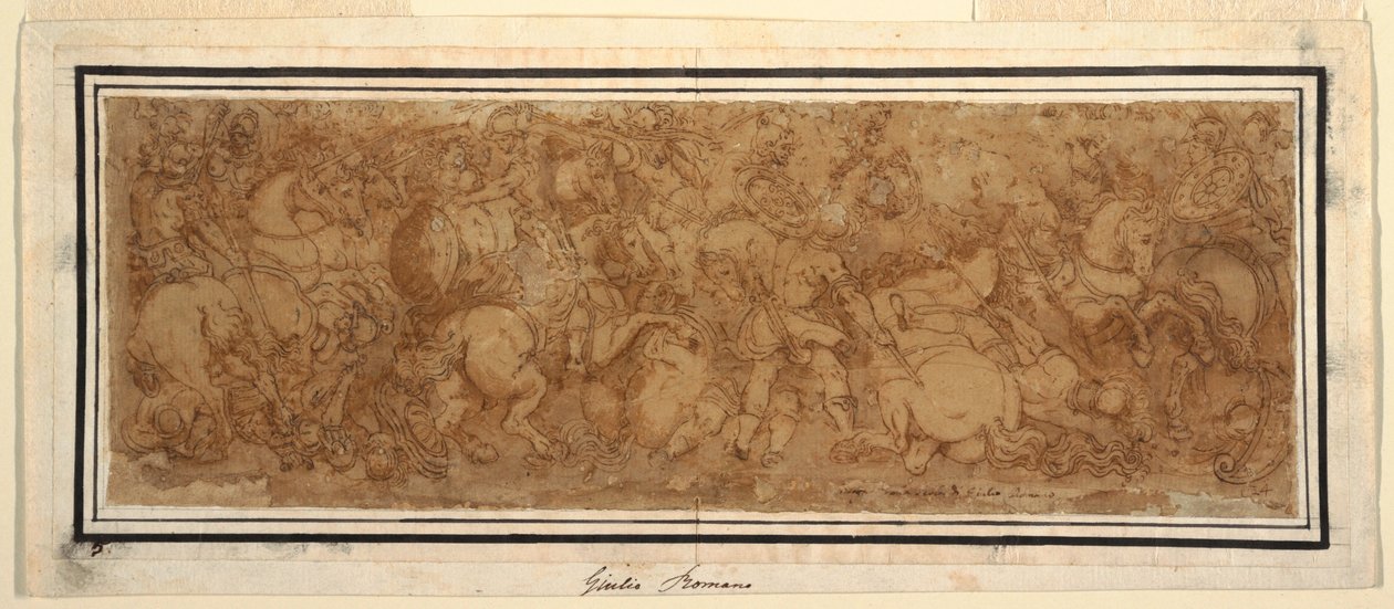 Piirros, taistelukohtaus, 1524-46 tekijältä Giulio Romano