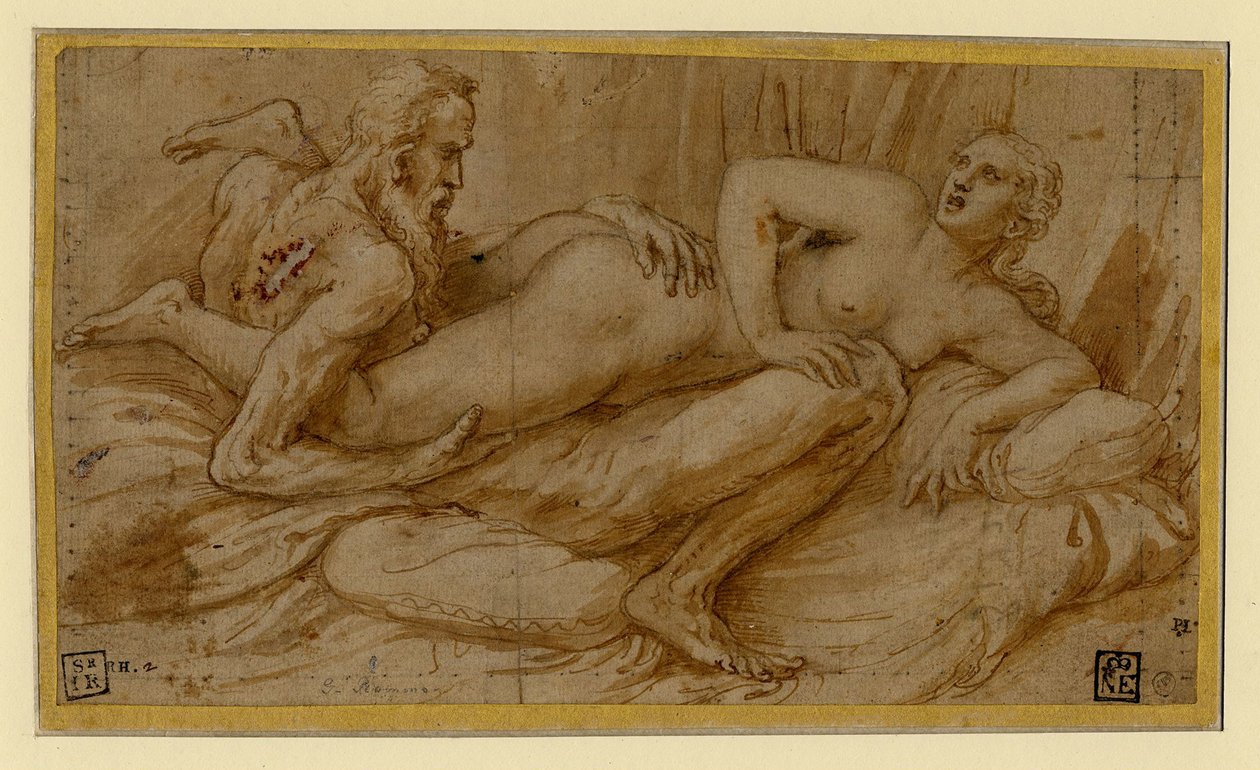 Erotic Scene par Romano, Giulio (1499-1546), vuoden 1524 jälkeen - Kynä, sivellin, ruskea intialainen muste, valkoinen väri, musta liitu paperille tekijältä Giulio Romano
