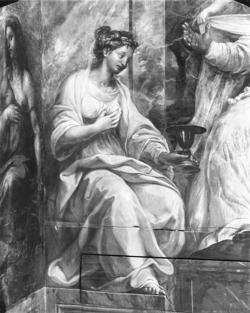 Faith, joka ympäröi yhtä kahdesta allegorisesta hahmosta, jotka ympäröivät paavi Sylvesteri I (314-35) Rafaelin huonetta (yksityiskohta) (katso myös 252792 ja 252794) tekijältä Giulio Romano
