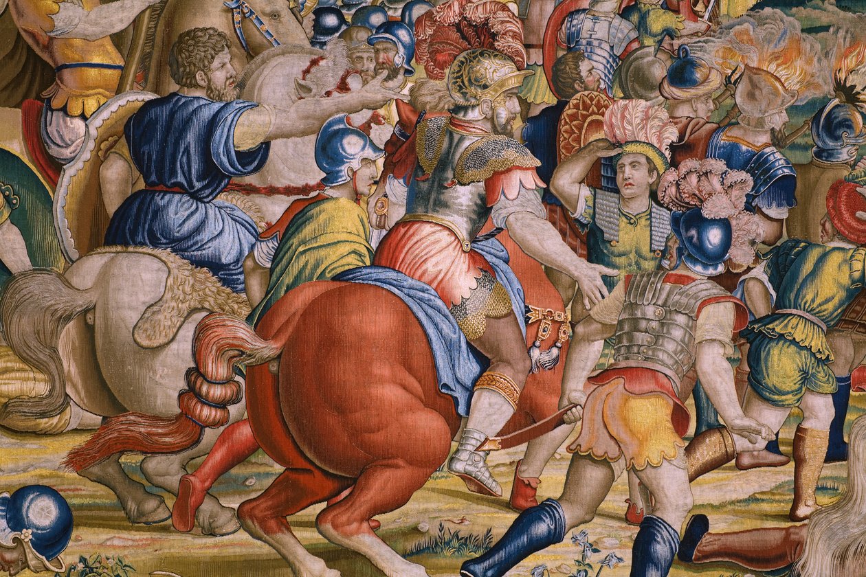 Flanderin kuvakudos. Sarja Scipion teot: Zaman taistelu. Sarjakuvapiirtäjä Giulio Romano. Balthasar van Vlierdenin (?) ateljee, Bryssel. 1523-1532. Yksityiskohta. tekijältä Giulio Romano