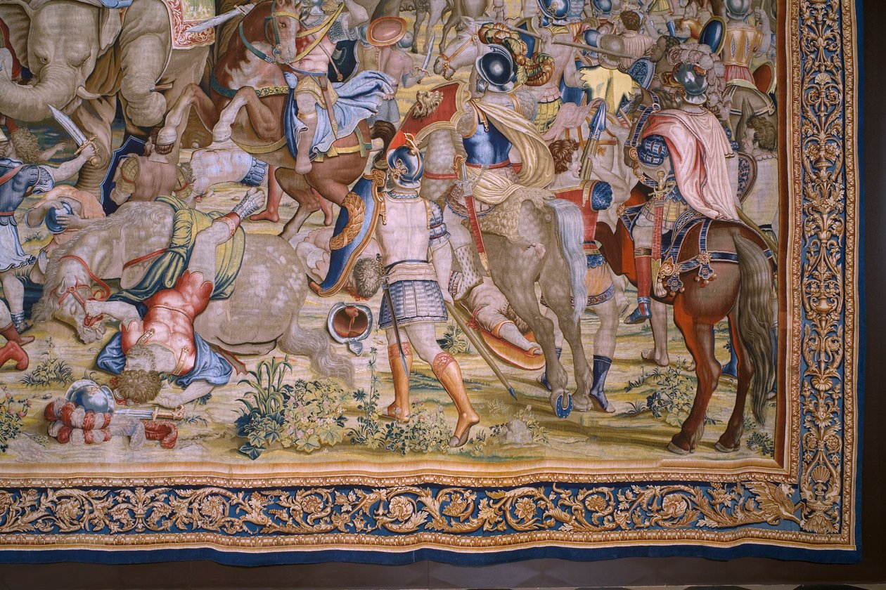 Flanderin kuvakudos. Sarja Scipion teot: Zaman taistelu. Sarjakuvapiirtäjä Giulio Romano. Balthasar van Vlierdenin (?) ateljee, Bryssel. 1523-1532. Yksityiskohta. tekijältä Giulio Romano