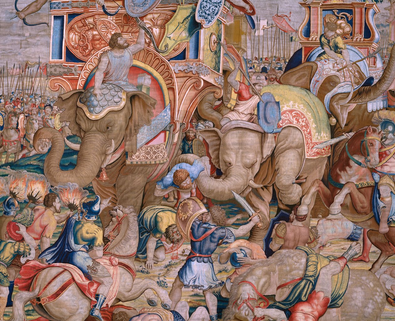 Flanderin kuvakudos. Sarja Scipion teot. Taistelu Zamassa. Sarjakuvapiirtäjä Giulio Romano. Balthasar van Vlierdenin (?) ateljee, Bryssel. 1523-1532. Yksityiskohta. tekijältä Giulio Romano