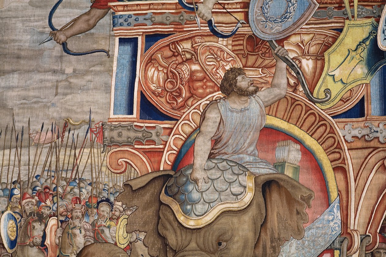 Flanderin kuvakudos. Sarja Scipion teot. Taistelu Zamassa. Sarjakuvapiirtäjä Giulio Romano. Balthasar van Vlierdenin (?) ateljee, Bryssel. 1523-1532. Yksityiskohta. tekijältä Giulio Romano